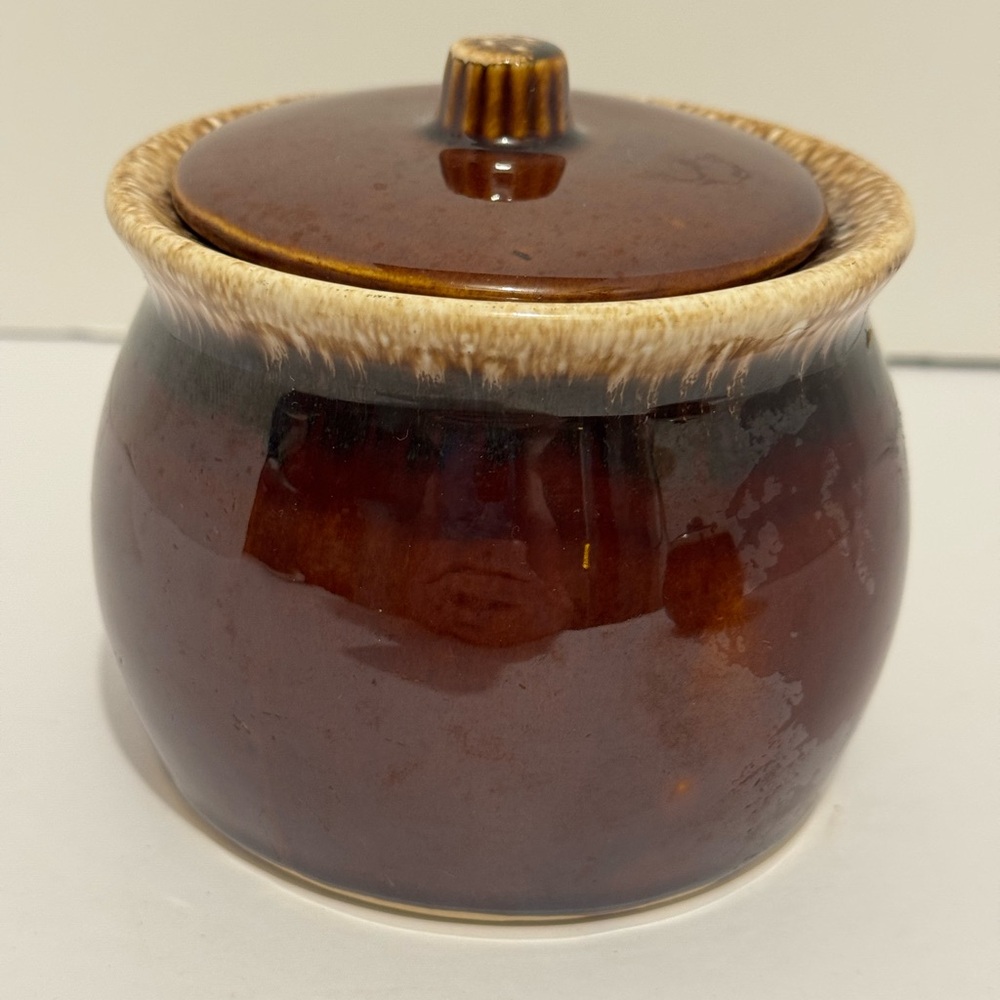 Vintage Gloss Brown Drip Glaze Covered Sugar Bowl, Hull Pottery, USA